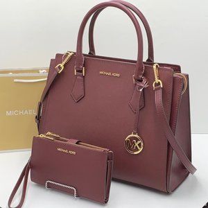 MICHAEL KORS HOPE LARGE SATCHEL & LARGE DOUBLE ZIP WRISTLET MERLOT COLOR
